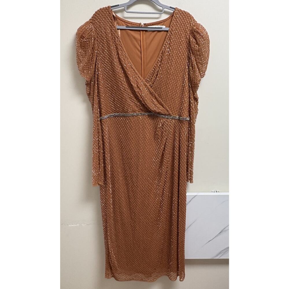 Mac Duggal 93674 Women’s Size 14 Copper Long‎ Sleeve Beaded Mesh Midi Dress NWT - Picture 4 of 15